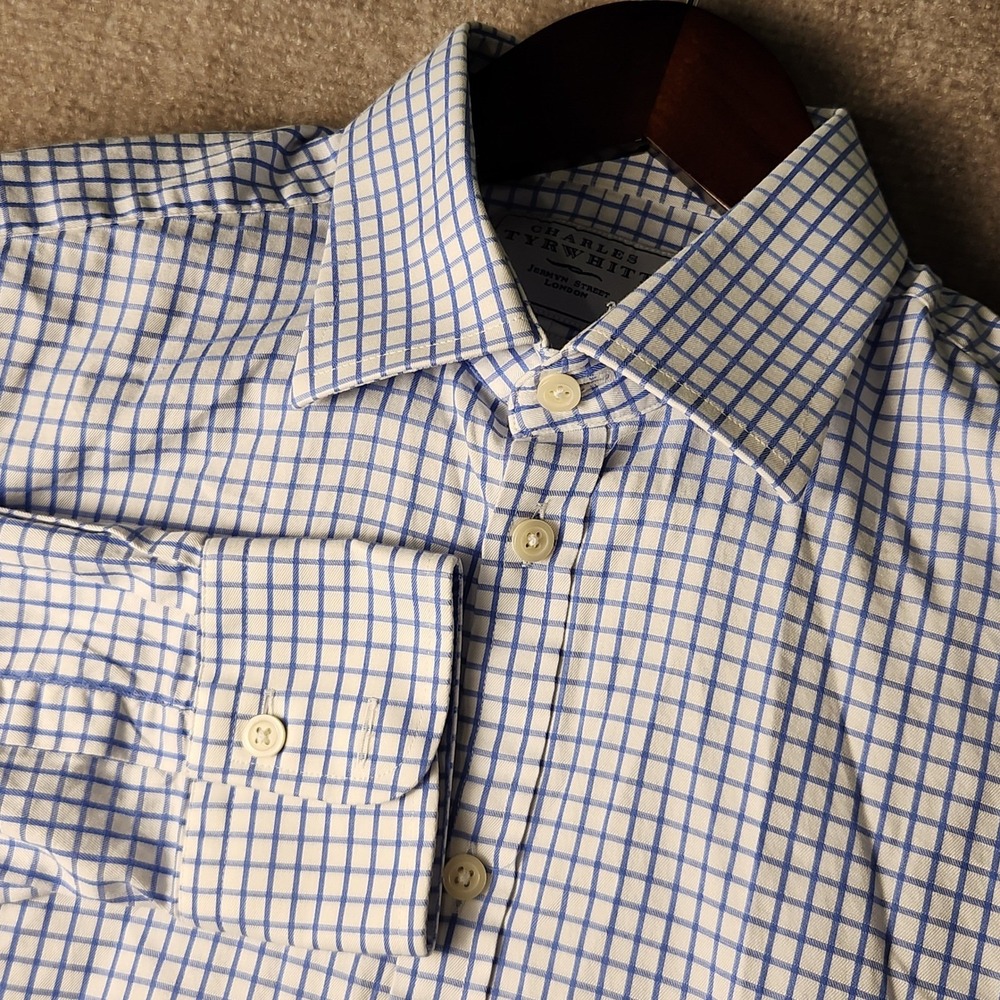 Charles Tyrwhitt Dress Shirt Mens 15.5 Blue White Tattersall Extra Slim Fit